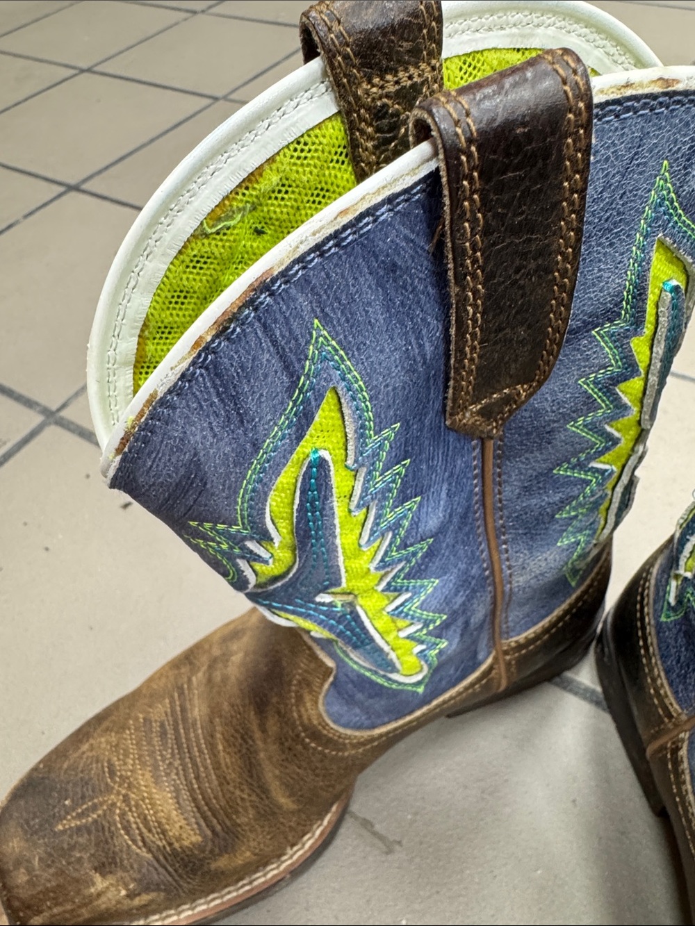 Ariat Brown Leather Kids Cowboy Boots with Blue & Lime Accents - Picture 4 of 5